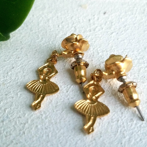 Gold Metal Ballet Rose Flower Earrings Vintage - Picture 2 of 5